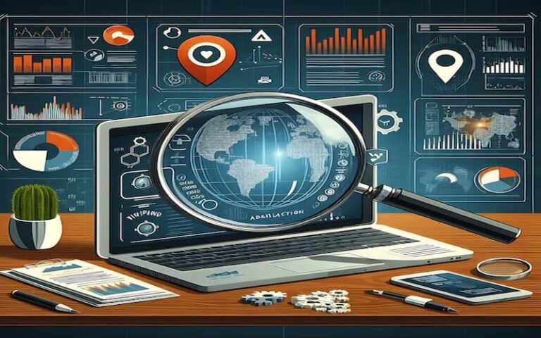 Modern illustration showing Nice Digital Marketing Tools on a laptop screen with SEO, email, analytics, and ads icons for online growth.