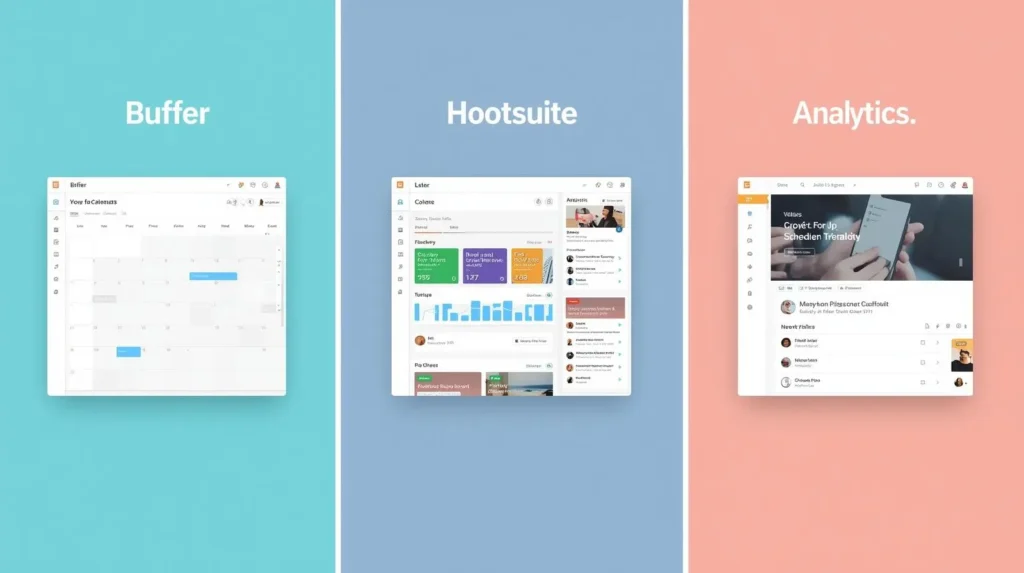 Free Digital Marketing Tools: Your Complete Guide to Cost-Effective Marketing Success 5 Comparison of free social media management tools Buffer, Hootsuite, and Later showing scheduling interfaces and features