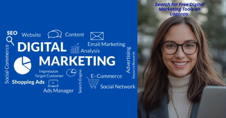 entrepreneurs using free digital marketing tools on laptops with analytics and social media icons.