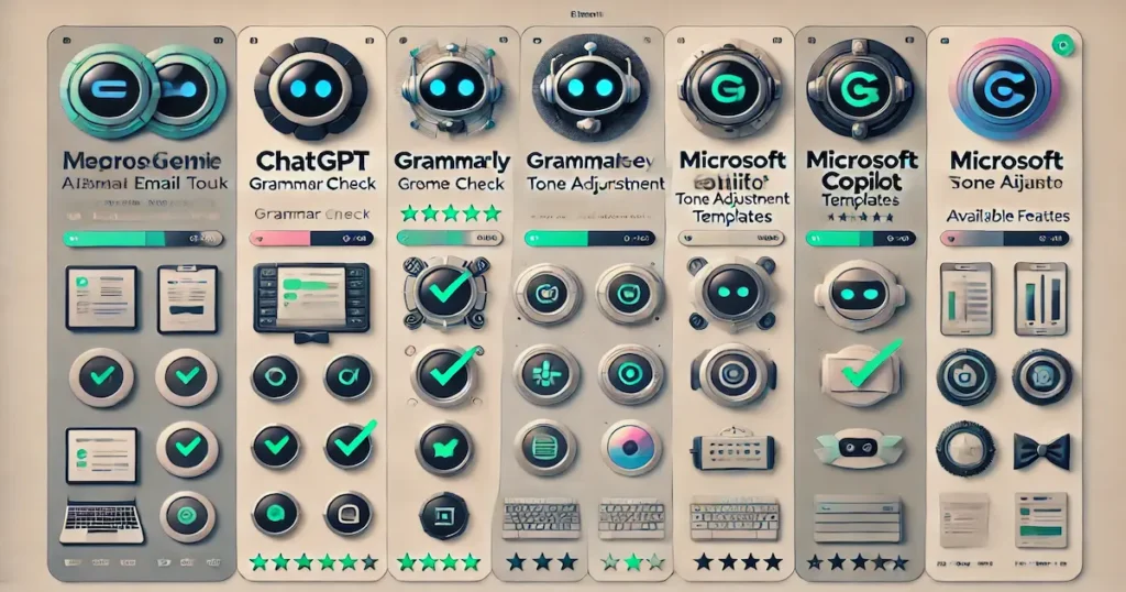 Comparison chart of best free AI tools for email writing including ChatGPT, Grammarly, and Google Gemini